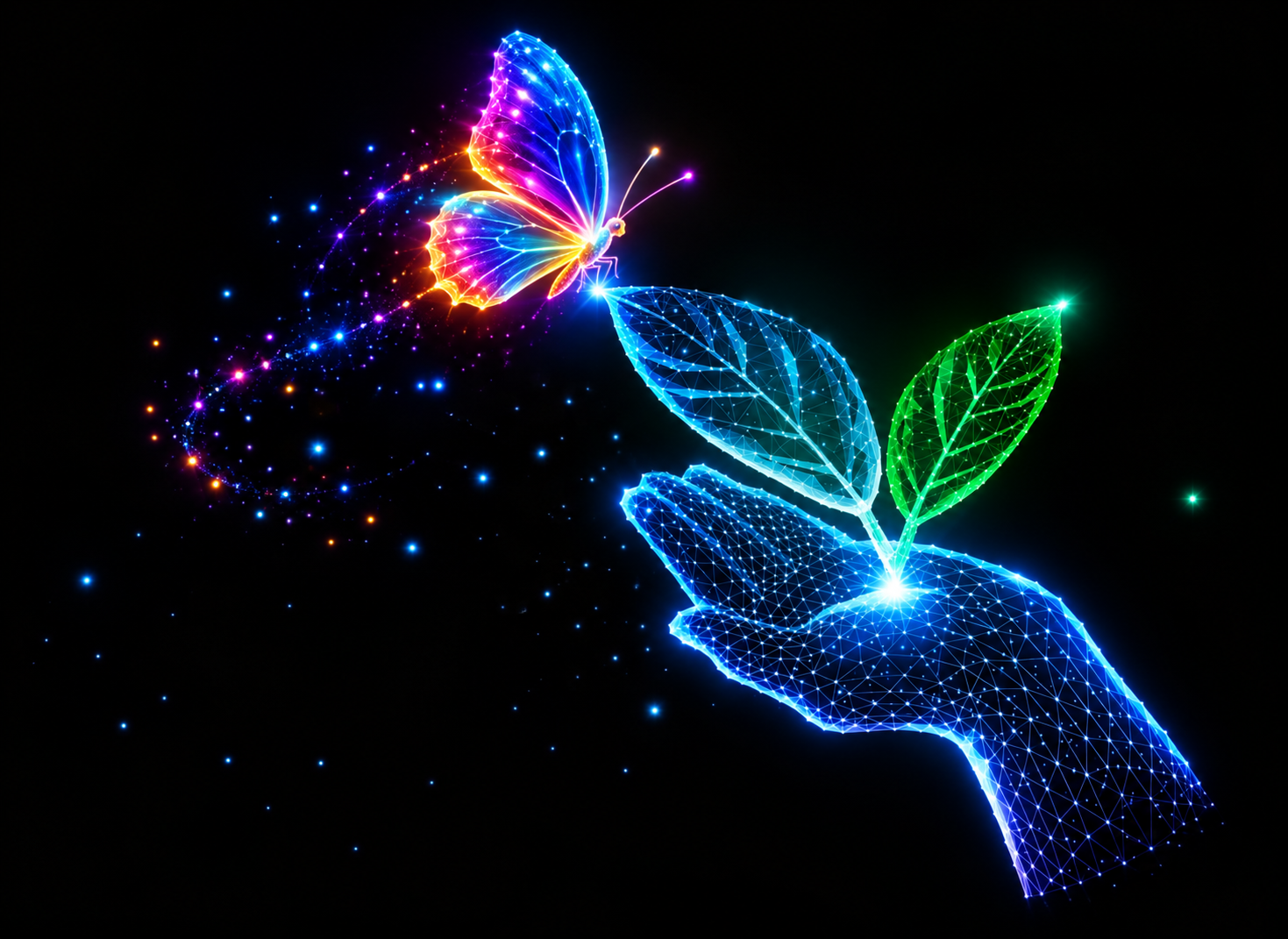 A glowing neon butterfly above a digital hand holding a young plant